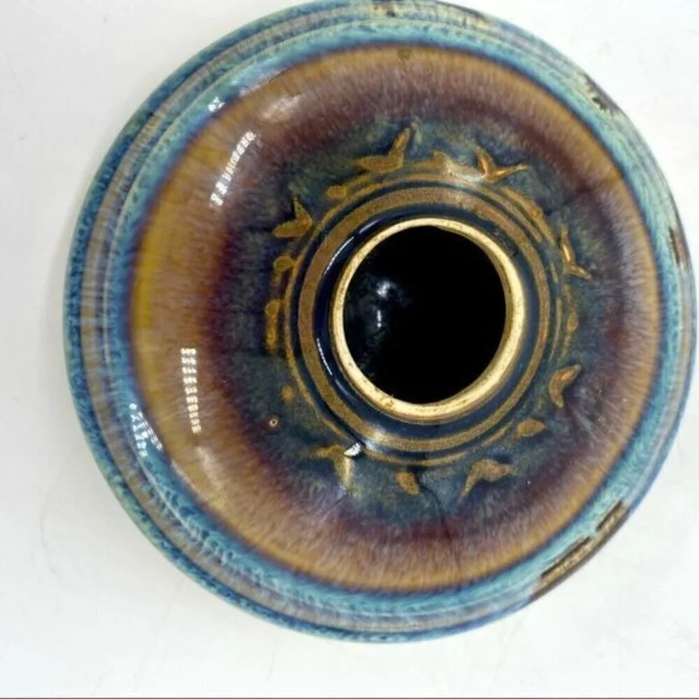 Bill Campbell Art Pottery Oil Lamp Base Flat Vase Drip Glaze Signed